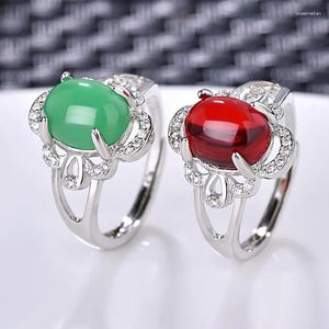 Cluster Rings Precious Flower Stone Ring Vintage Green Adjustable Fashion Style Trendy Gift For Wife Women Zircon Petal Retro