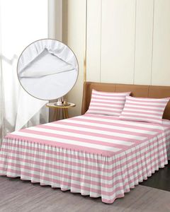 Bettrock, Streifen, rosa, weiß, elastisch, Spannbettdecke mit Kissenbezügen, Schutz, Matratzenbezug, Bettwäsche-Set, Bettlaken