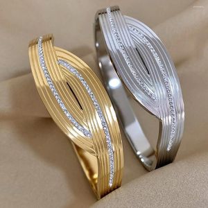 Bangle AENSOA Chunky Twine Zircon Thick Wide Stainless Steel Bangles Bracelets For Women Unique Design Chic 18K Gold Plated Jewelry