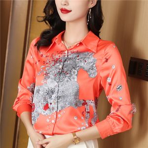 2023 Impreso Mujeres Diseñador Solapa Camisas Seda Negro Manga larga Camisa elegante Ajuste Oficina Señoras Botón Frente Casual Satén Blusas Primavera Otoño Chic Slim Runway Tops