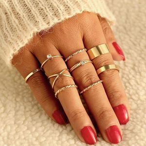 Cluster-Ringe EN Einfache Goldfarbe / Silberfarbe Geometrisches Set Böhmen Mode Frauen Twist Knuckle Fingerring Party Schmuck