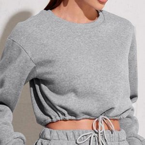 Women's Hoodies Drawstring Hem Crop Top For Ladies Women Casual Solid Color Loose Pullover Round Neck Long Sleeve Sweatshirt Sporty Autumn