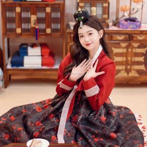 Etniska kläder 2023 Korean Style Women kläder Red Flower Printing Costume Dance Stage National Performance Hanbok S691