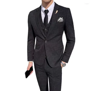 Men's Suits Blazer Vest Pants 3 Piece Suit Set / Fashion High End Slim Plaid Party Dress Business Jacket Trousers Waistcoat Coat