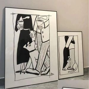 絵画韓国の漫画キャンバス絵画ブラックホワイト私の恋人と犬のモダンな人生のポスタープリント壁アート写真