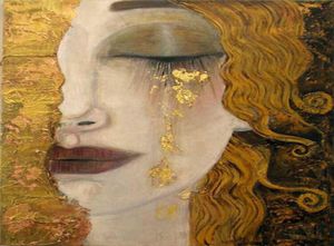 Hand-Painted Golden Glowing Woman in Gully Klimt yasser fayad oil painting on Canvas - Beautiful Lady Image Artwork (8044537)