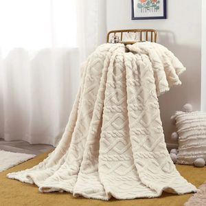Blankets Embossed Flannel Blanket Warm Solid Color Plush FourSeason Bedroom Bed Living Room Sofa Couch 231030
