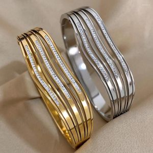 Bangle Aensoa incrustado cristal zircão charme onda pulseiras de aço inoxidável pulseiras para mulheres design exclusivo acessórios de cor dourada