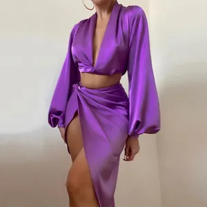 Arbeitskleider Sexy Frauen Top Kleid Zweiteiliges Set Sommer Lila V-Ausschnitt Langarm Satin Unregelmäßige Mode Tropfen Großhandel 784