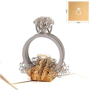 Gratulationskort Guldlaser klippt 3D -ring pop -up bröllopinbjudningar romantiska handgjorda alla hjärtans dag för älskare vykort presentkort droppe dhtqh