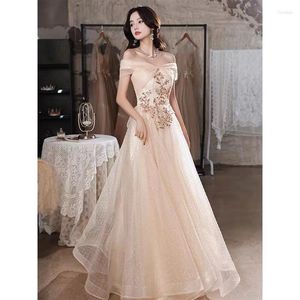 Party Dresses Champagne Strapless Women's Evening A-line utsökta glitterapplikationer PESKIN TELING OF TULE PROM PROM GOWN