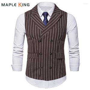 Män västar män brun kostym västjacka steampunk kläder 2023 vintage randig dubbelbröst väst gilet hombre bröllopsklänning