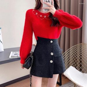 Work Dresses 2023 Korean Small Fragrance Mink Hair 2 Piece Sets Outfits Women Bead Pullover Tops Buttons Tweed Mini Skirt Suits Elegant