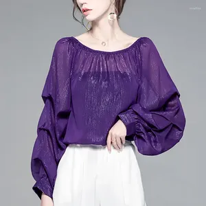 Blusas femininas elegantes moda puff manga brilhante seda chiffon blusa feminina roupas primavera sexy slash neck solto camisa casual feminina x626