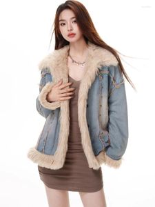 Pele feminina inverno denim casaco falso quente engrossar vintage y2k casacos de manga longa design jaquetas feminino casual solto roupas femininas 2023