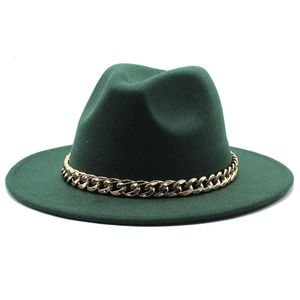 Breda randen hattar hink fedora för kvinnor män tjockt guldkedjeband filt hatt jazz cap vinter hösten panama röd lyx chapeau femme 231027