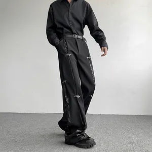Pantaloni da uomo in metallo con fibbia per aereo in pelle con giunzione in pelle giapponese coreana streetwear moda allentata casual pantaloni da uomo neri scuri