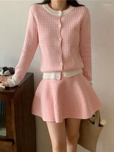 Work Dresses Small Fragrance Fashion Plaid Knit Two Piece Set Women Sweater Cardigan Mini Skirts Sets Outfits Casual 2 Suits