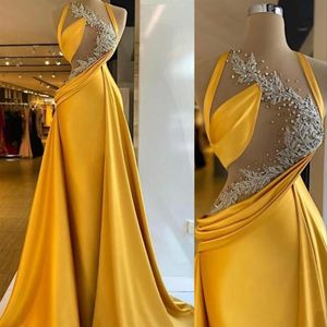 Vestidos de festa 2022 brilhante amarelo sereia formal noite desgaste frisado rendas apliques sexy topo ilusão vestido de baile vestido de nova320m