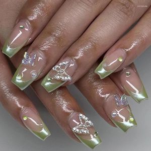 Накладные ногти Flash Aurora Green Butterfly Shiny Rhinestone Crystal Pearl INS Short Ballet Fake Art Nail Tip Press On Glue Manicure