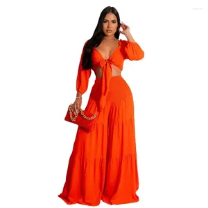 Vestidos de trabalho calças compridas terno laranja africano manga feminina sexy peito envolto topo solto calças largas perna casual 2023 outono 2xl