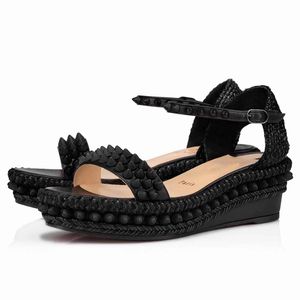 Kadın Sandal Daireler Tek Yüksek Topuklu Kama Düz Madmonika 60mm Damlı Topuklu Gerçek Deri Espadrille Kamalar Düğün Elbise