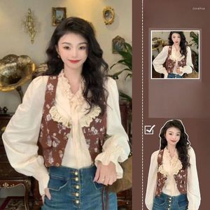 Women's Blouses Shirts With Lace Spliced Fragmented Flowers Vests V-Neck Flared Long Sleeve Shirt Temperament Two-Pieces Lady's Clothing