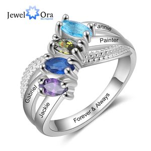 Anéis de casamento nome da família personalizado gravado para mulheres personalizado 4 pedras de aniversário cor prata anel de cobre presentes de aniversário 231030