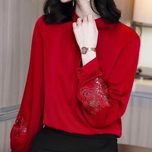 Women's Blouses Arrivals 2023 Women Simulated Silk Blouse Elegant Fashion Party Tops Red Long Sleeve Autumn Hollow Out Satin Pleated