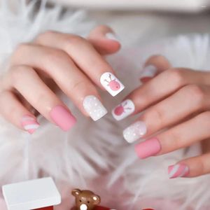 Unhas Falsas Natal Pré-Design Rosa Branco Imprensa em Prego Curto Squoval Reutilizável Acrílico Cervos Neve Arte Dicas Falsas