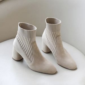 Boots Pointed Ankle Boots Winter Women Casual Chelsea Boots Women Medium Heel Knitted Sock Boots Women Faux Suede Female Heels 231027