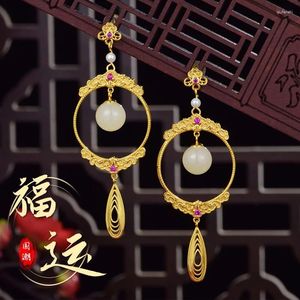 Dangle Küpeler Çin tarzı antika zanaat 925 gümüş altın kaplama kakma doğal bir yeşim kadın parti elbise tarihi hediyesi