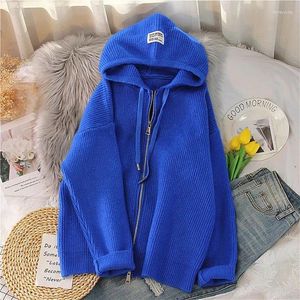 Frauen Pullover 2023 Herbst Winter Klobige Feste Farbe Mit Kapuze Strickjacke Zipper Mantel Pullover Lose Top Verdickt)