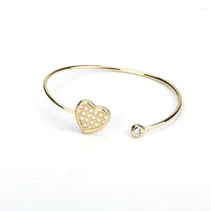 Bangle Minimalist Pure Gold Color Mosaic Heart Crystal Tail Charms Adjustable Thin Wire Bracelet Open Cuff For Woman Jewelry