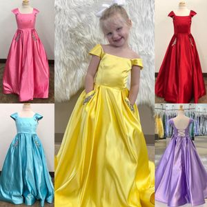 Cap Sleeves Girl Pageant Dress 2024 Sherri pärlor Pockets Ballgown Little Kid Fun Fashion Runway Drama Birthday Cocktail Party Gown Toddler Teen Preteen Miss Miss