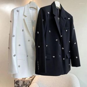 Women's Suits Diamonds Beaded Suit Jacket Alphabets Drilling OL Rhinestones Blazers Coat Cardigan Long-sleeve Turn Down Collar Tops