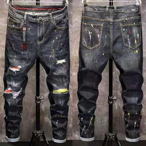 Jeans invernali da uomo Pantaloni caldi in pile Pantaloni di jeans strappati distrutti Spessi motociclisti termici in difficoltà per abiti da uomo283s