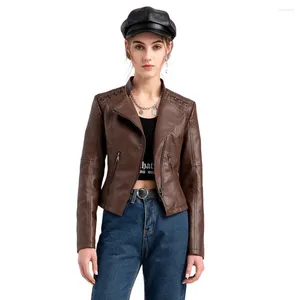 Women's Leather Faux Jacket Women Slim Vintage Short Lapel Zipper Belt Biker Coats Fashion Streetwear Mujer Tops Motorcycle