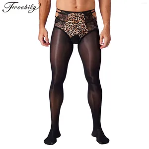 Men's Socks Mens Oil Shiny Lingerie Pantyhose Double Waistbands Floral Lace Hollow Out 8D High-Density Glossy Tights Stockings For Nightclub