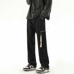 Autumn New Streetwear Black Baggy Jeans Side Bone Zipper Pendant Straight Elastic Waist Denim Wide Leg Pants Male