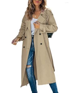 Trench da donna Cappotto lungo doppio petto Giacca a vento primavera autunno Cappotto classico antivento con maniche risvolto con cintura