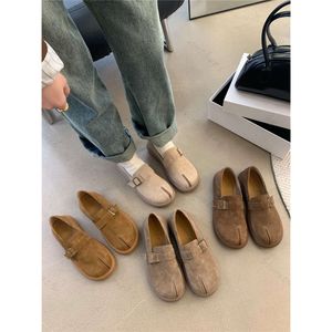 2023 Fosco Couro Genuíno Lace Up Fake Split Toe Single Shoes para Mulheres Outono Nova Sola Macia Pequenos Sapatos de Couro Estilo Britânico Burken Sapato Tendência