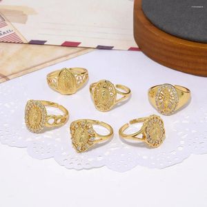 Anéis de cluster moda commuter cobre banhado 18k ouro micro-set zircão virgem maria imagem anel aberto religioso