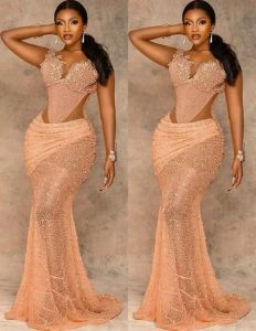 Gold Lace Mermaid Prom Dresses for Plus Size Women - Sheer Neck Beaded Evening Gowns