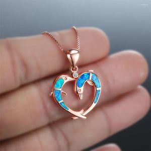 Pendant Necklaces Cute Dolphin Animal Blue White Fire Opal For Women Boho Silver Color Birthstone Wedding Necklace Bride Jewelry