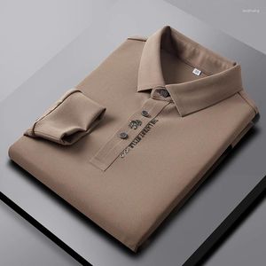 Polos masculinos de marca de alta qualidade, camisa polo de negócios, manga comprida, primavera e outono, gola casual, resistente a rugas