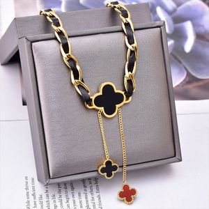 newest designer women's sweater chain necklace 4/four leaf clover pendant long double-sided black white jewelry autumn and winter