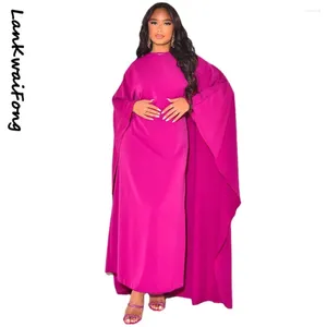 Casual Dresses Lkffashion Satin Party Dress Robe Abaya Muslimsk kvinnor Elegant solid rund nacke Bat ärmar Lossa maxi
