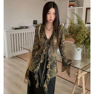 女性のブラウスハラジュクシアメッシュトップTシャツ女性タイdye vネックY2KビンテージストリートウェアフェアコアTシャツIRREGUAL LACE UP TEE 2000S