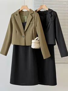 Vestidos de trabalho plus size outono 2 peça conjunto para roupa feminina senhoras do escritório elegante entalhado decote em v blazer vestido com alças conjuntos 4xl roupas